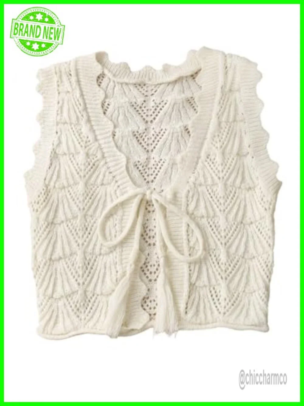 Crochet Sweater Vest Bow Tie Sleeveless Knit Top Vacation Wear